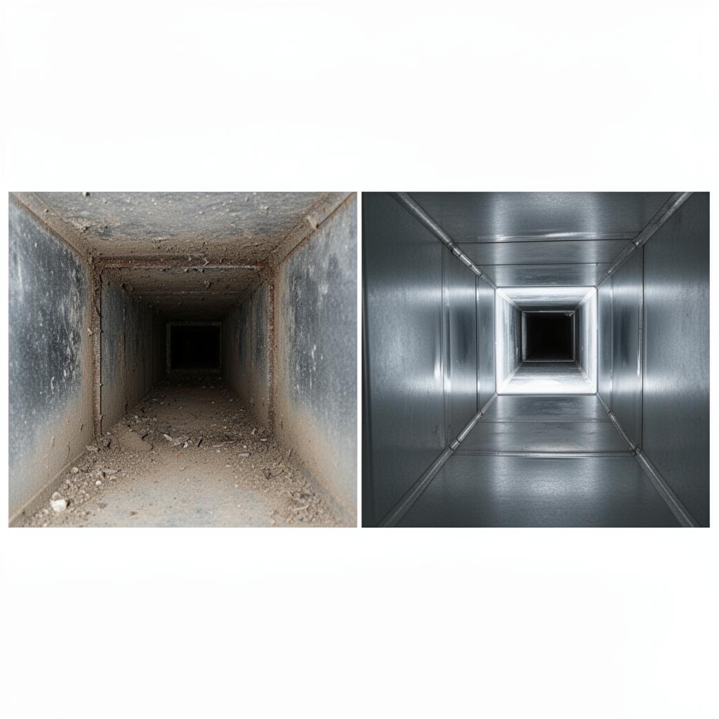 Avant et après le nettoyage d'un conduit de ventilation résidentiel